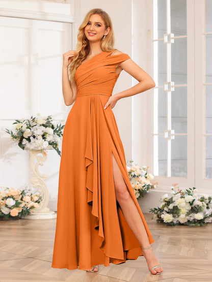 A-Line/Princess One-Shoulder Long Wedding Party Dresses with Split Side