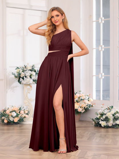 A-Line/Princess One-Shoulder Long Wedding Party Dresses with Watteau Train