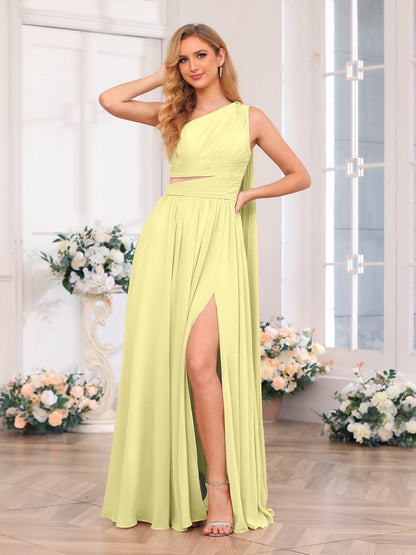 A-Line/Princess One-Shoulder Long Wedding Party Dresses with Watteau Train