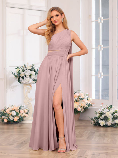 A-Line/Princess One-Shoulder Long Wedding Party Dresses with Watteau Train