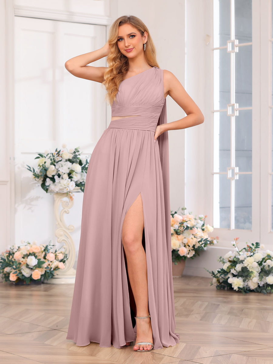 A-Line/Princess One-Shoulder Long Wedding Party Dresses with Watteau Train