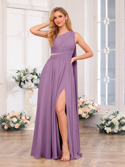 A-Line/Princess One-Shoulder Long Wedding Party Dresses with Watteau Train