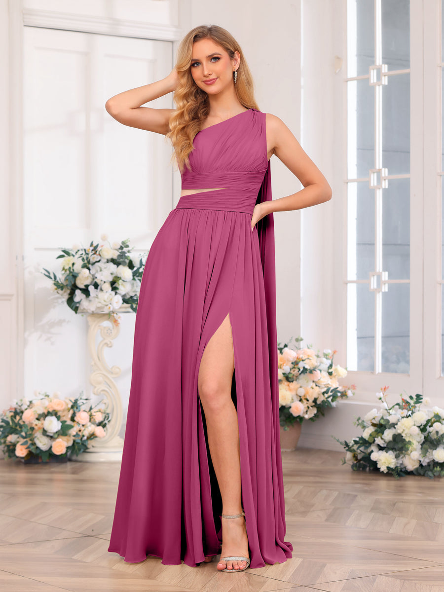 A-Line/Princess One-Shoulder Long Wedding Party Dresses with Watteau Train