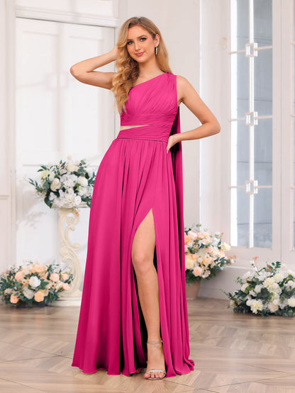 A-Line/Princess One-Shoulder Long Wedding Party Dresses with Watteau Train