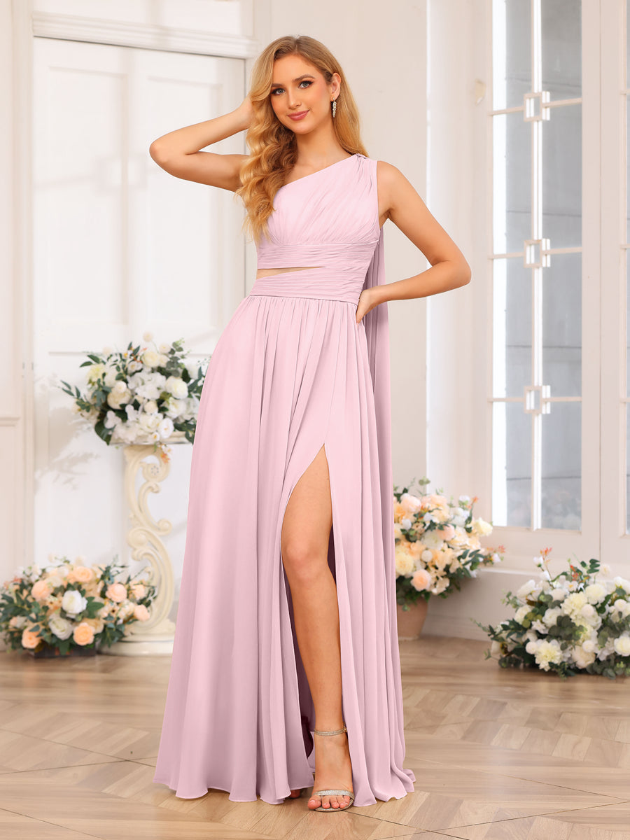 A-Line/Princess One-Shoulder Long Wedding Party Dresses with Watteau Train