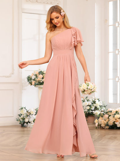 A-Line/Princess One-Shoulder Long Wedding Party Dresses with Split Side