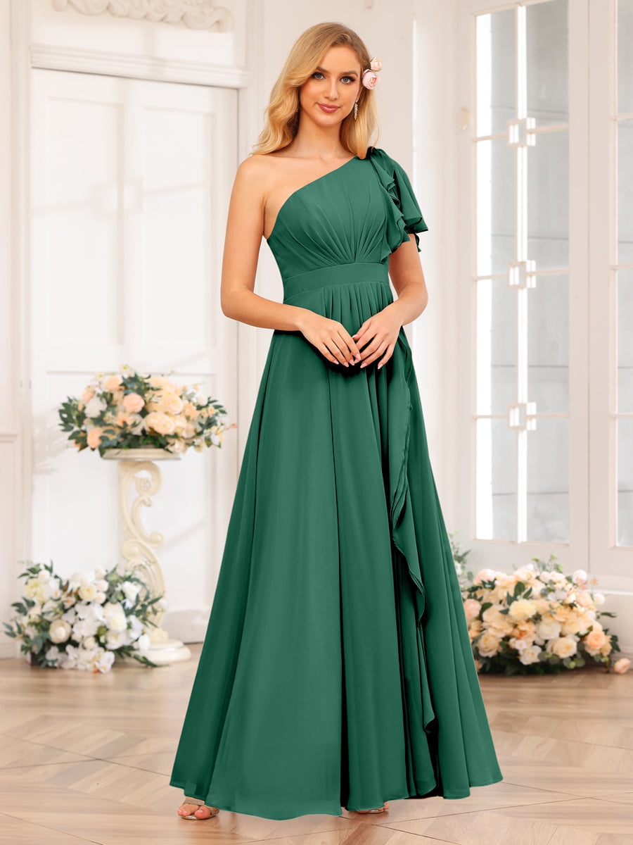 A-Line/Princess One-Shoulder Long Wedding Party Dresses with Split Side