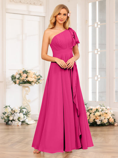 A-Line/Princess One-Shoulder Long Wedding Party Dresses with Split Side