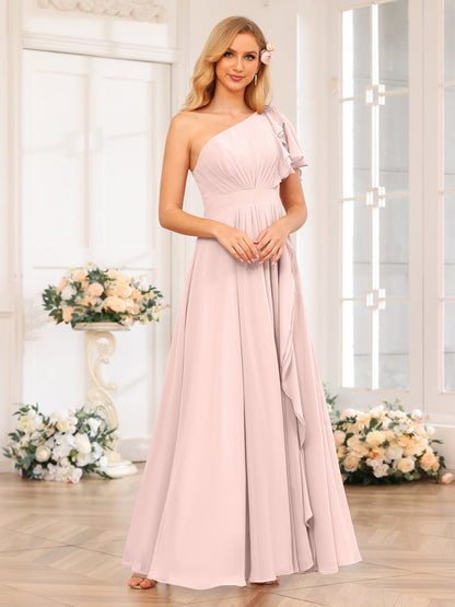 A-Line/Princess One-Shoulder Long Wedding Party Dresses with Split Side