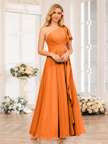 A-Line/Princess One-Shoulder Long Wedding Party Dresses with Split Side