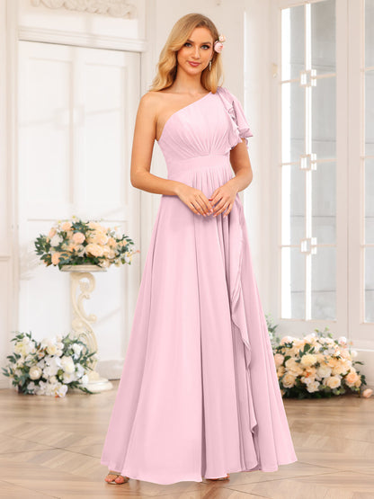 A-Line/Princess One-Shoulder Long Wedding Party Dresses with Split Side