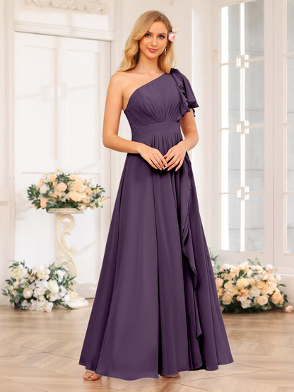 A-Line/Princess One-Shoulder Long Wedding Party Dresses with Split Side