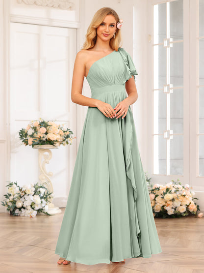 A-Line/Princess One-Shoulder Long Wedding Party Dresses with Split Side