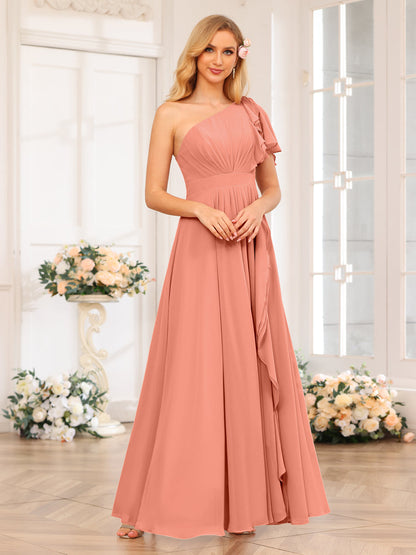 A-Line/Princess One-Shoulder Long Wedding Party Dresses with Split Side