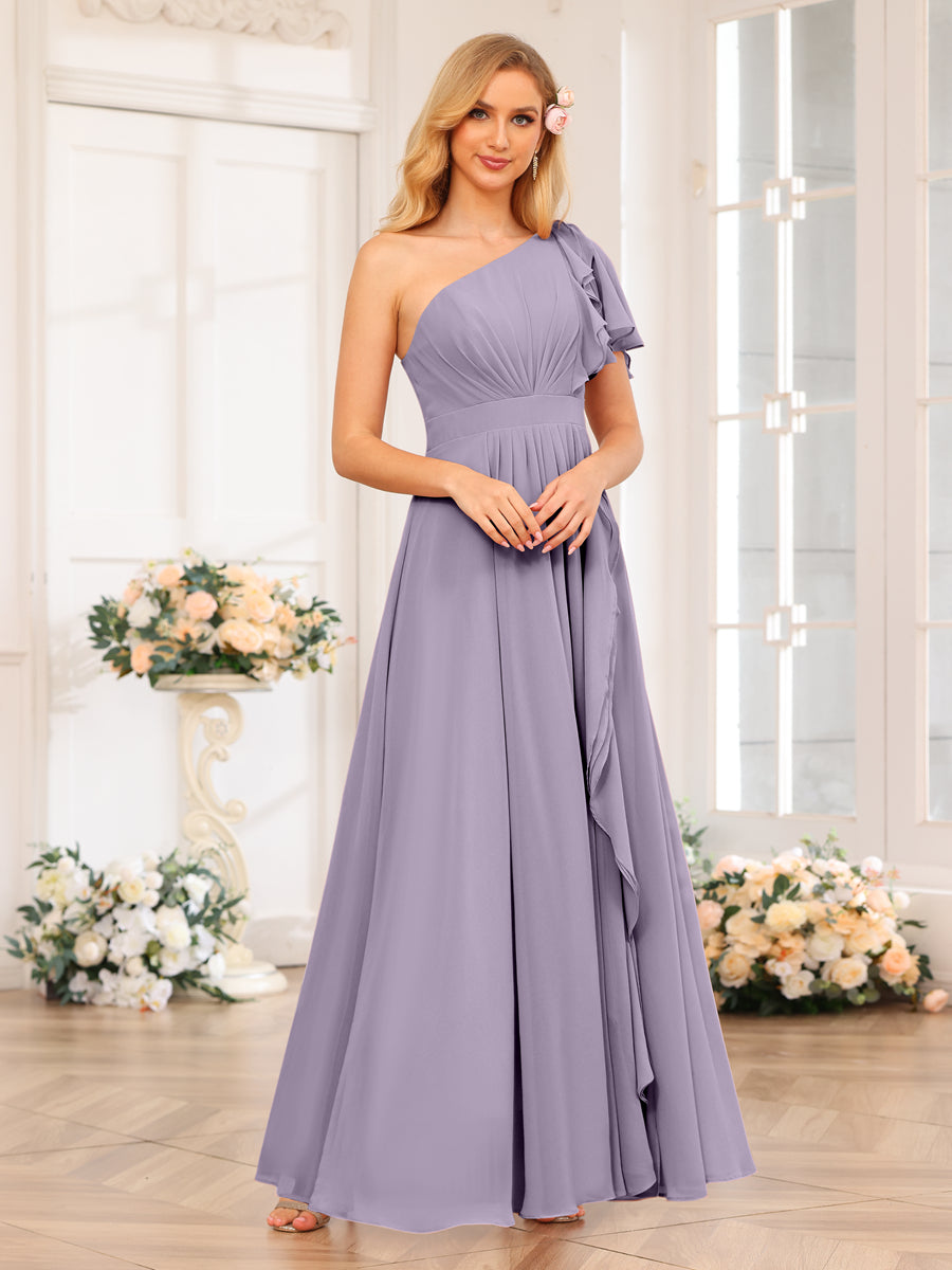 A-Line/Princess One-Shoulder Long Wedding Party Dresses with Split Side