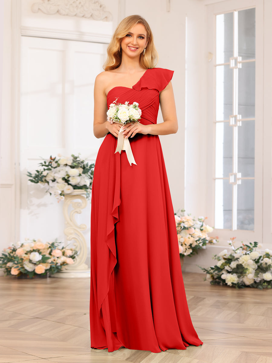 A-Line/Princess One-Shoulder Long Wedding Party Dresses with Split Side