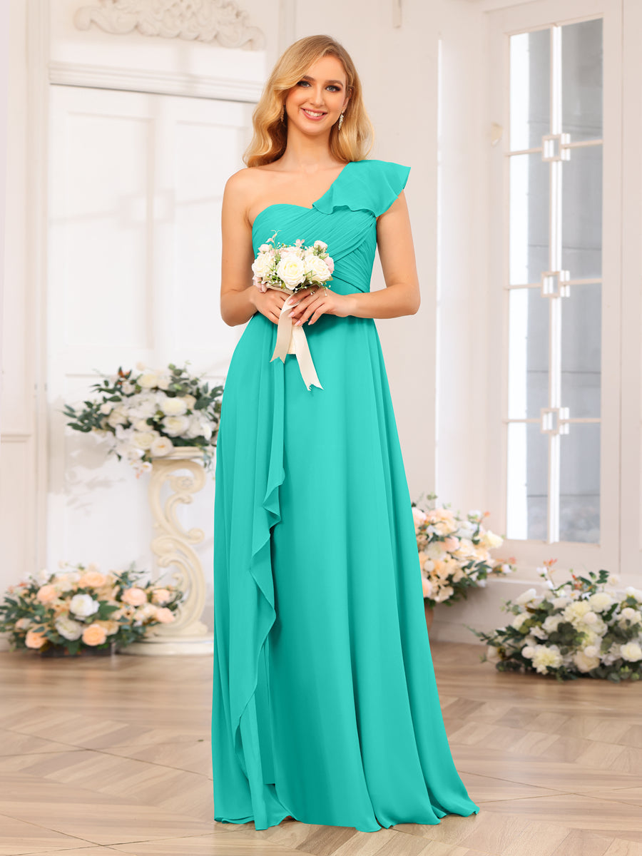 A-Line/Princess One-Shoulder Long Wedding Party Dresses with Split Side