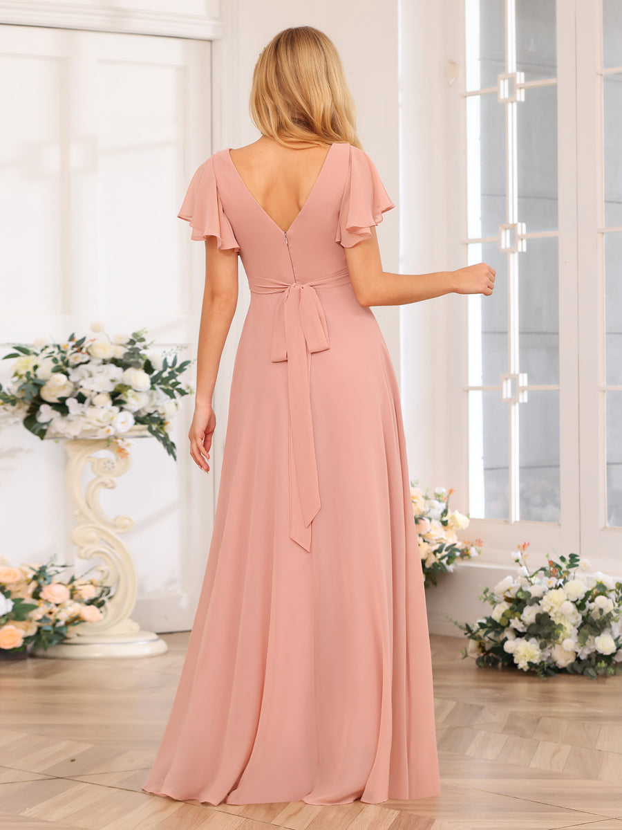 A-Line/Princess V-Neck Long Wedding Party Dresses with Split Side & Pockets