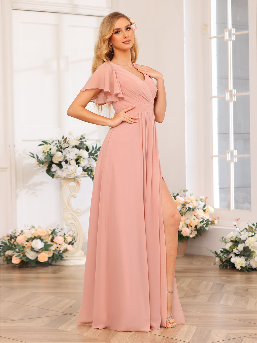 A-Line/Princess V-Neck Long Wedding Party Dresses with Split Side & Pockets