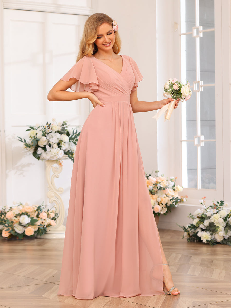 A-Line/Princess V-Neck Long Wedding Party Dresses with Split Side & Pockets