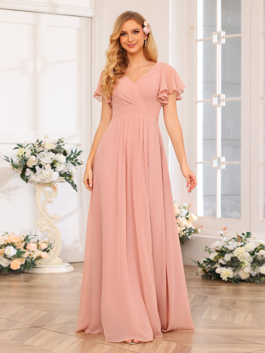 A-Line/Princess V-Neck Long Wedding Party Dresses with Split Side & Pockets