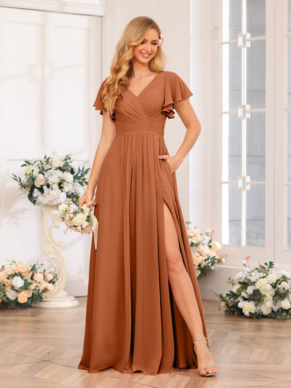 A-Line/Princess V-Neck Long Wedding Party Dresses with Split Side & Pockets