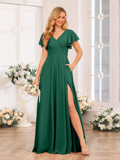 A-Line/Princess V-Neck Long Wedding Party Dresses with Split Side & Pockets