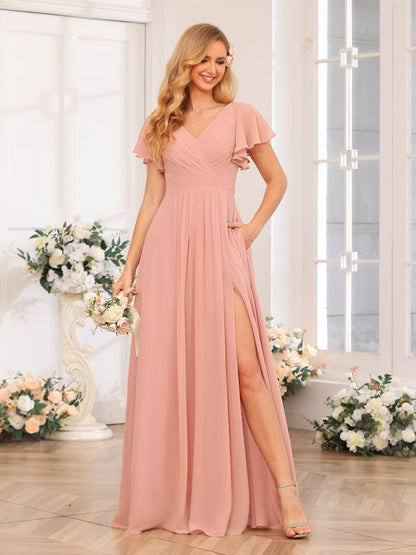 A-Line/Princess V-Neck Long Wedding Party Dresses with Split Side & Pockets