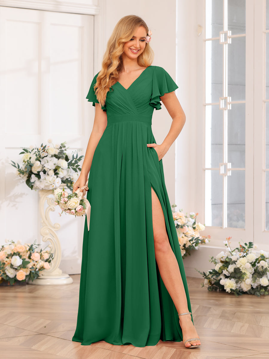 A-Line/Princess V-Neck Long Wedding Party Dresses with Split Side & Pockets