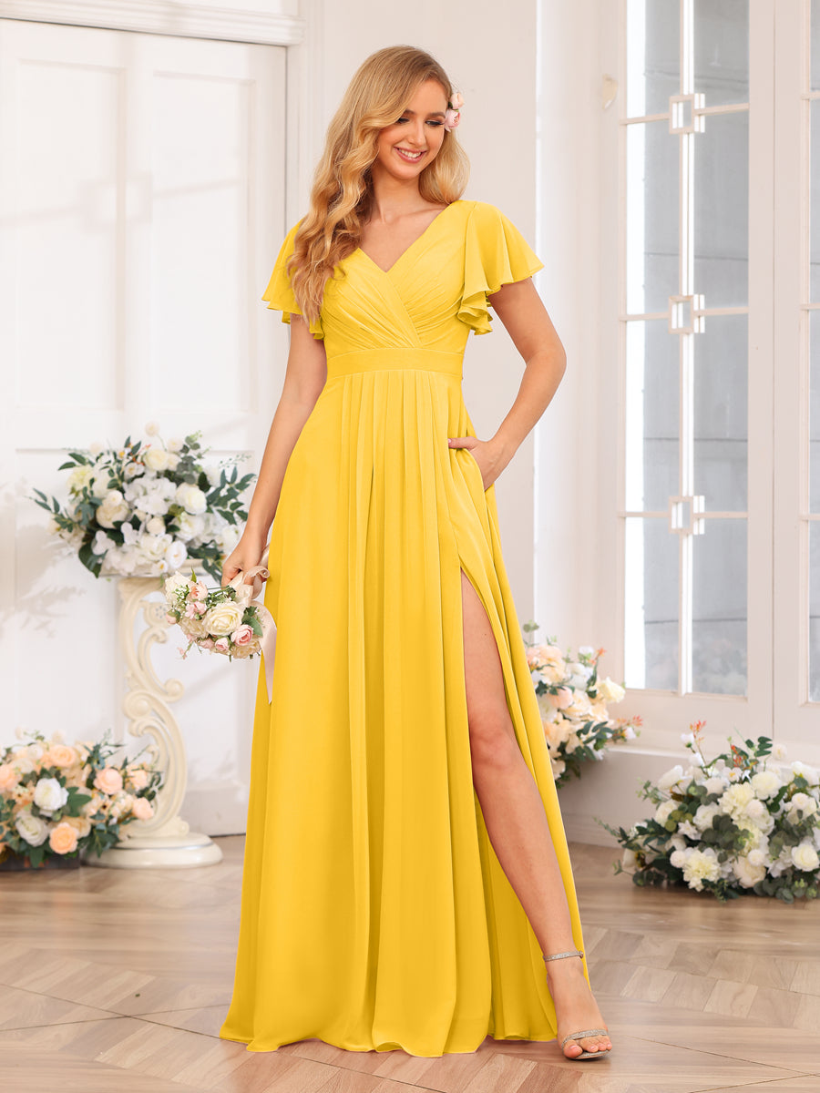 A-Line/Princess V-Neck Long Wedding Party Dresses with Split Side & Pockets