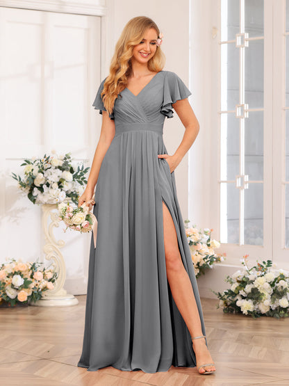 A-Line/Princess V-Neck Long Wedding Party Dresses with Split Side & Pockets