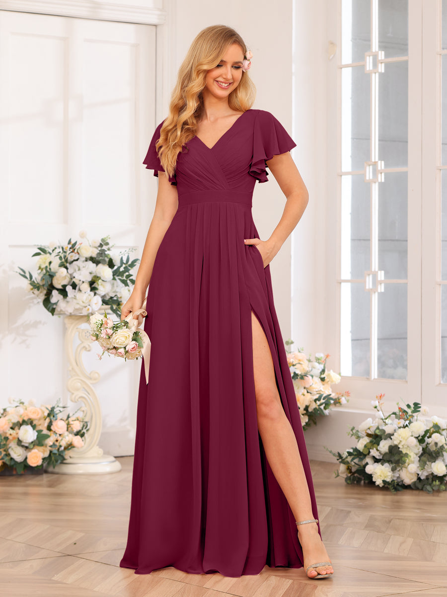 A-Line/Princess V-Neck Long Wedding Party Dresses with Split Side & Pockets