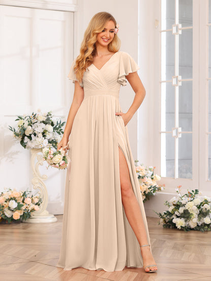 A-Line/Princess V-Neck Long Wedding Party Dresses with Split Side & Pockets