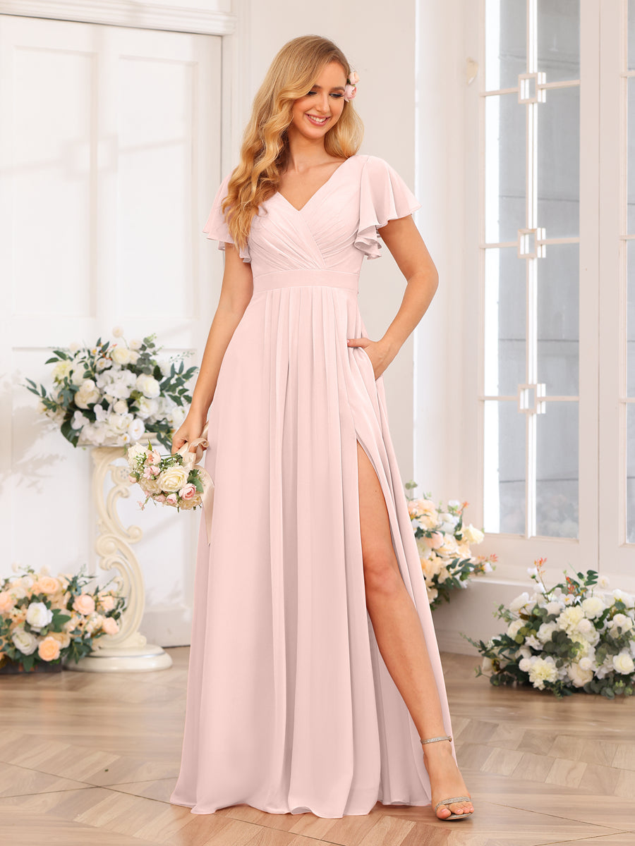 A-Line/Princess V-Neck Long Wedding Party Dresses with Split Side & Pockets