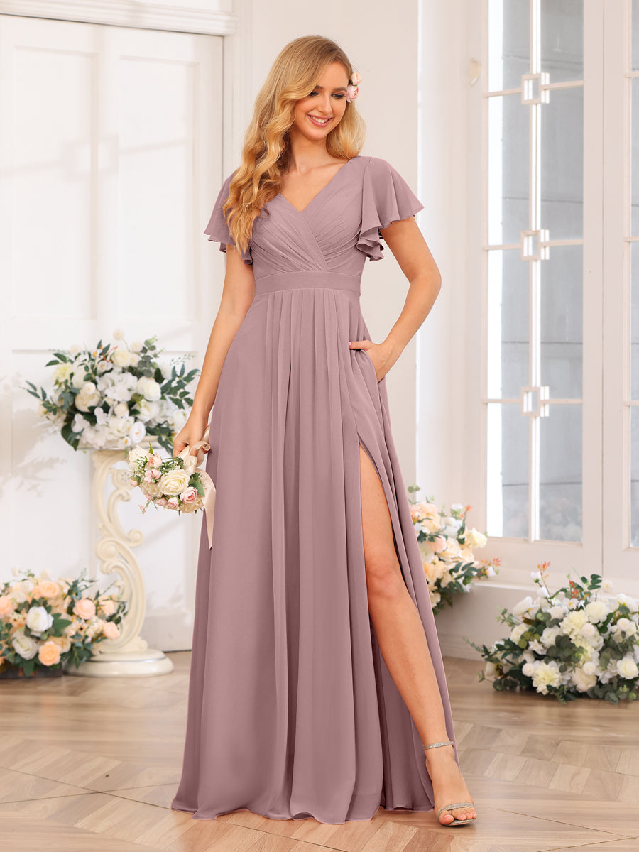 A-Line/Princess V-Neck Long Wedding Party Dresses with Split Side & Pockets