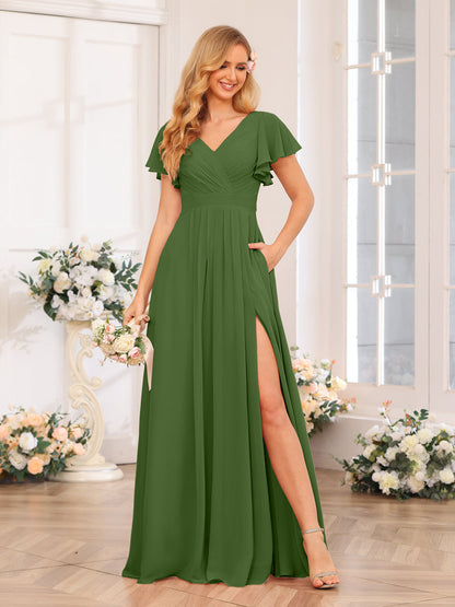 A-Line/Princess V-Neck Long Wedding Party Dresses with Split Side & Pockets