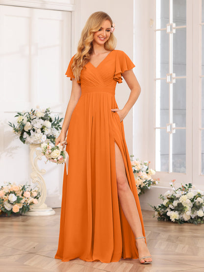 A-Line/Princess V-Neck Long Wedding Party Dresses with Split Side & Pockets