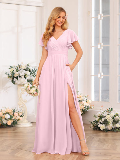 A-Line/Princess V-Neck Long Wedding Party Dresses with Split Side & Pockets