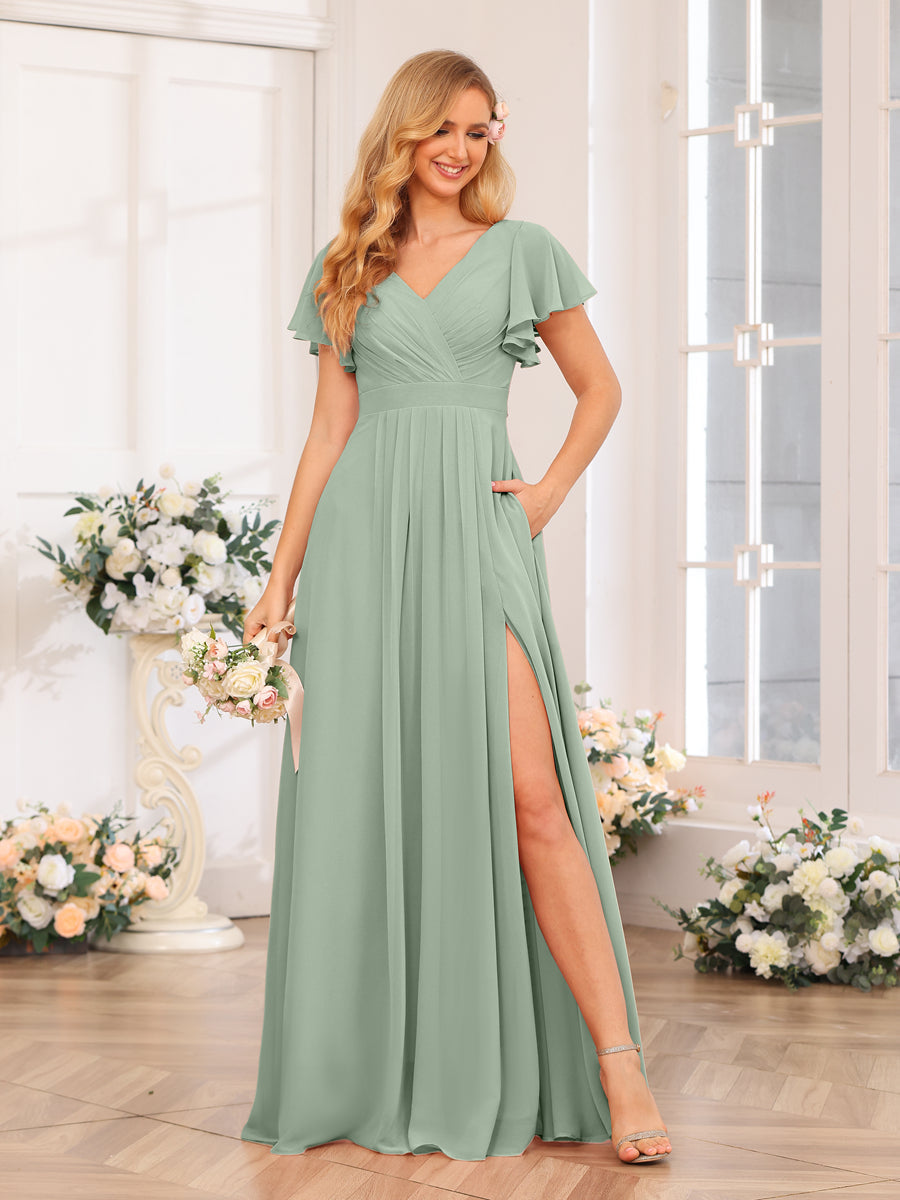 A-Line/Princess V-Neck Long Wedding Party Dresses with Split Side & Pockets