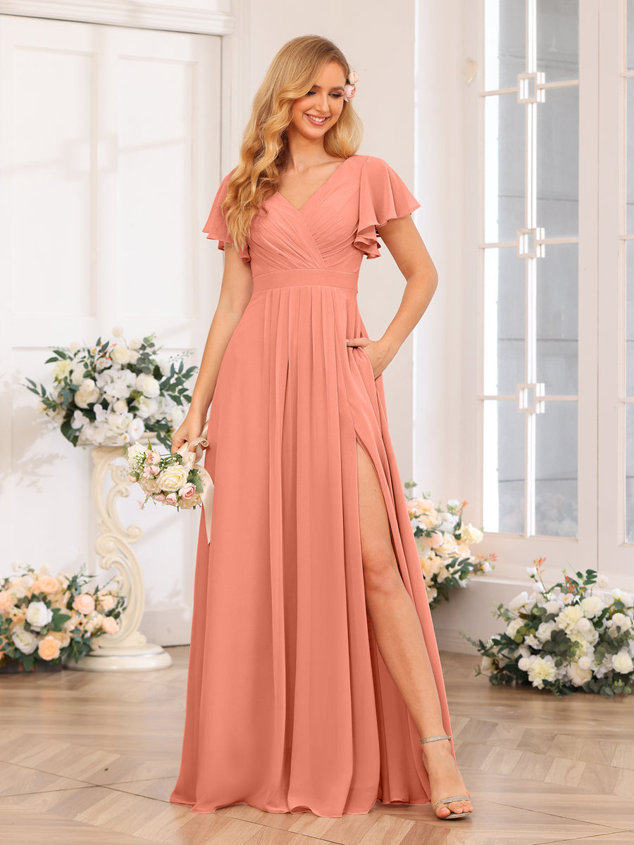 A-Line/Princess V-Neck Long Wedding Party Dresses with Split Side & Pockets