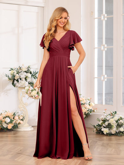 A-Line/Princess V-Neck Long Wedding Party Dresses with Split Side & Pockets