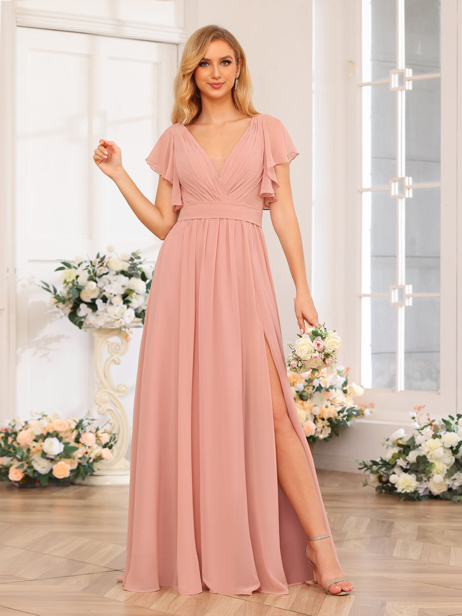 A-Line/Princess V-Neck Long Wedding Party Dresses with Split Side & Pockets