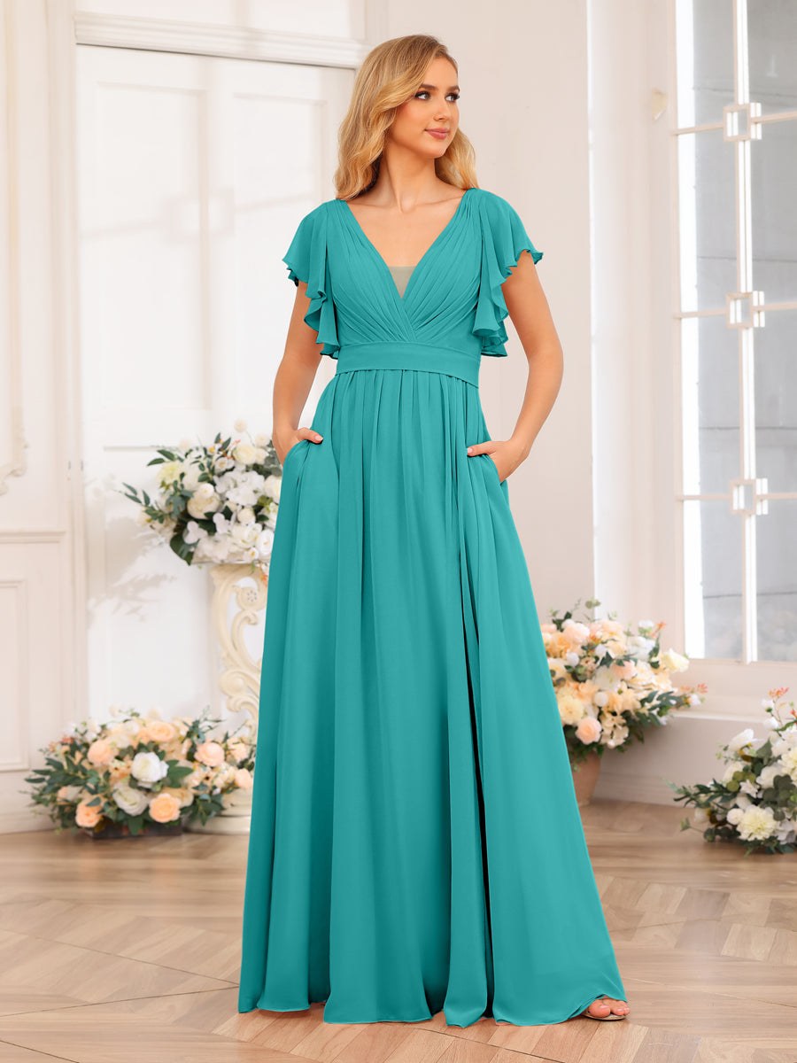 A-Line/Princess V-Neck Long Wedding Party Dresses with Split Side & Pockets