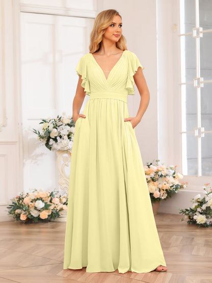 A-Line/Princess V-Neck Long Wedding Party Dresses with Split Side & Pockets