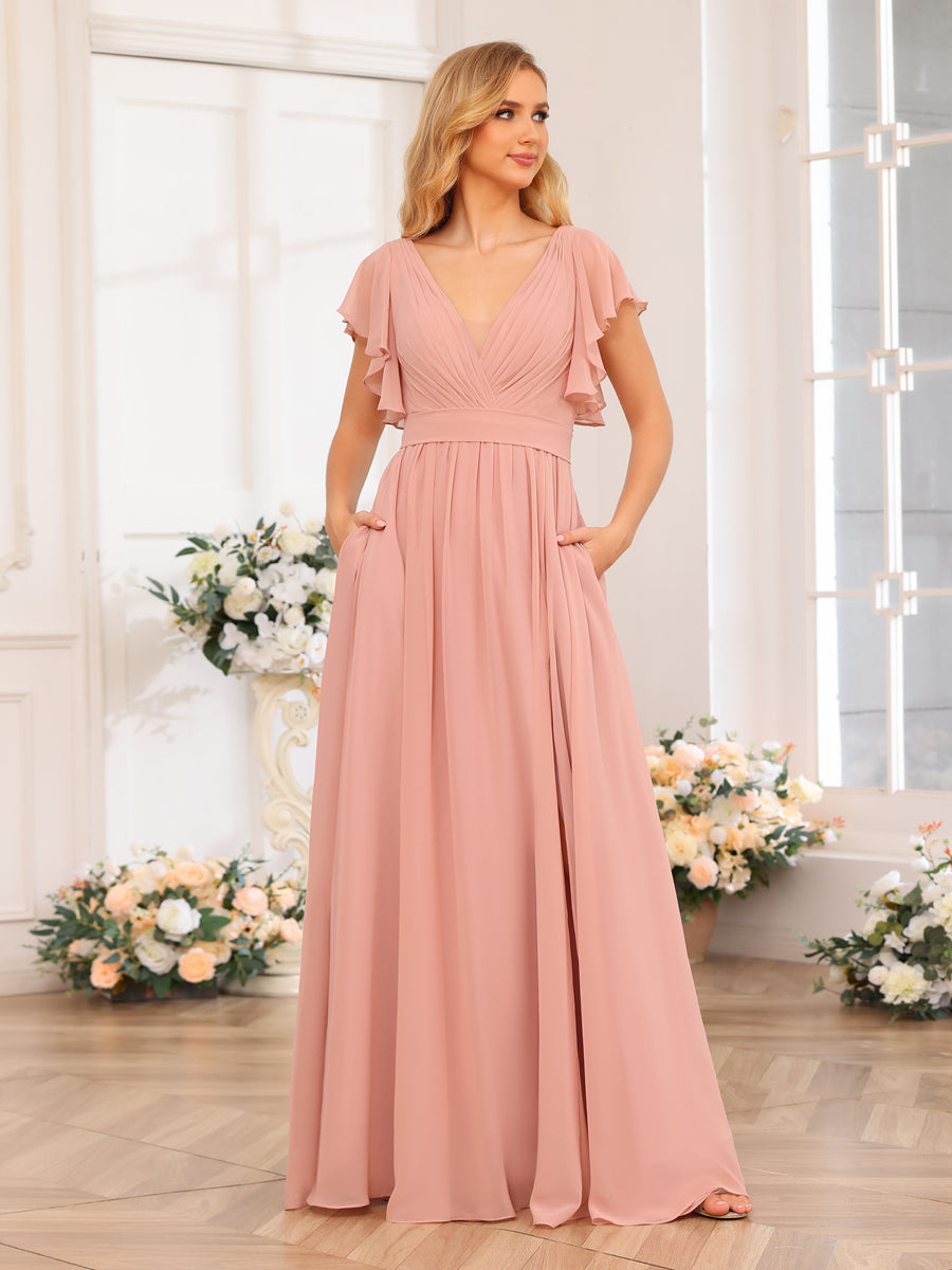 A-Line/Princess V-Neck Long Wedding Party Dresses with Split Side & Pockets