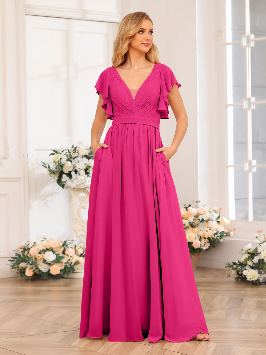 A-Line/Princess V-Neck Long Wedding Party Dresses with Split Side & Pockets