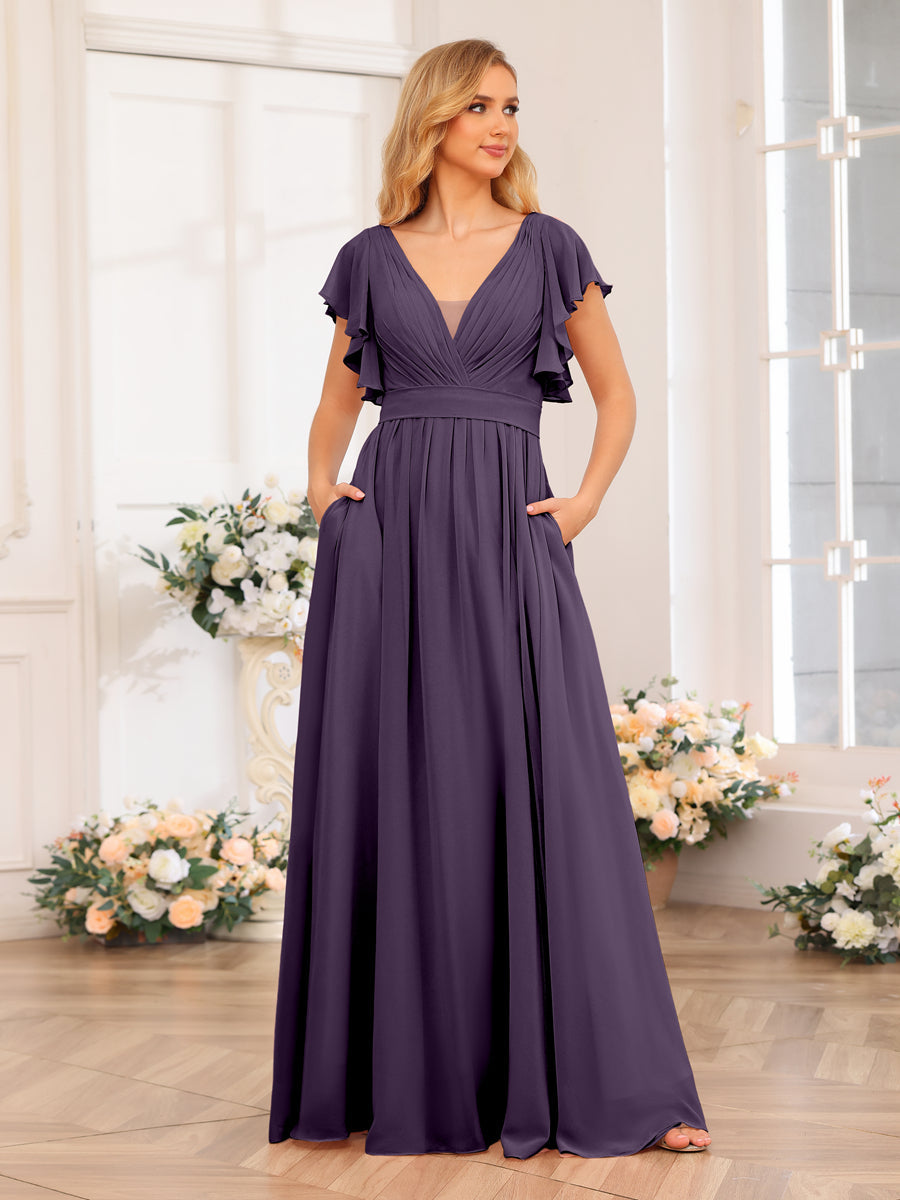 A-Line/Princess V-Neck Long Wedding Party Dresses with Split Side & Pockets