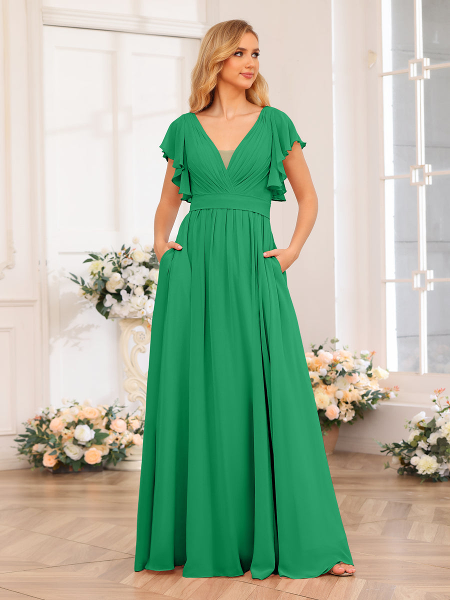 A-Line/Princess V-Neck Long Wedding Party Dresses with Split Side & Pockets