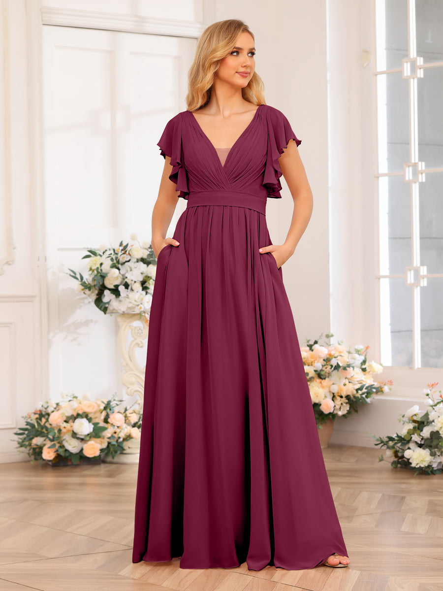 A-Line/Princess V-Neck Long Wedding Party Dresses with Split Side & Pockets