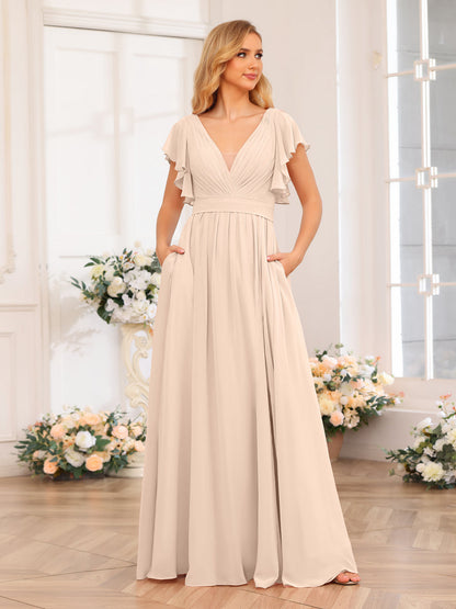 A-Line/Princess V-Neck Long Wedding Party Dresses with Split Side & Pockets